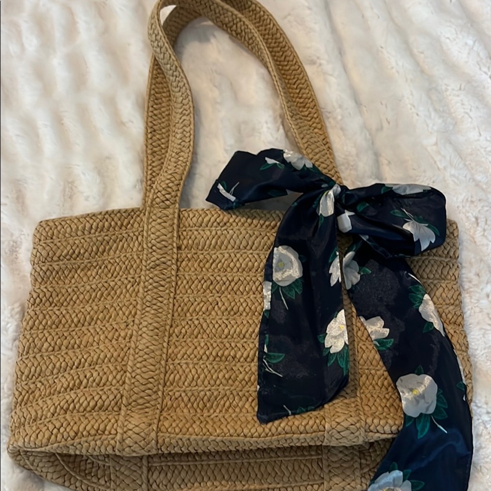 Draper James Tan Woven Tote with Blue Floral Accent Scarf